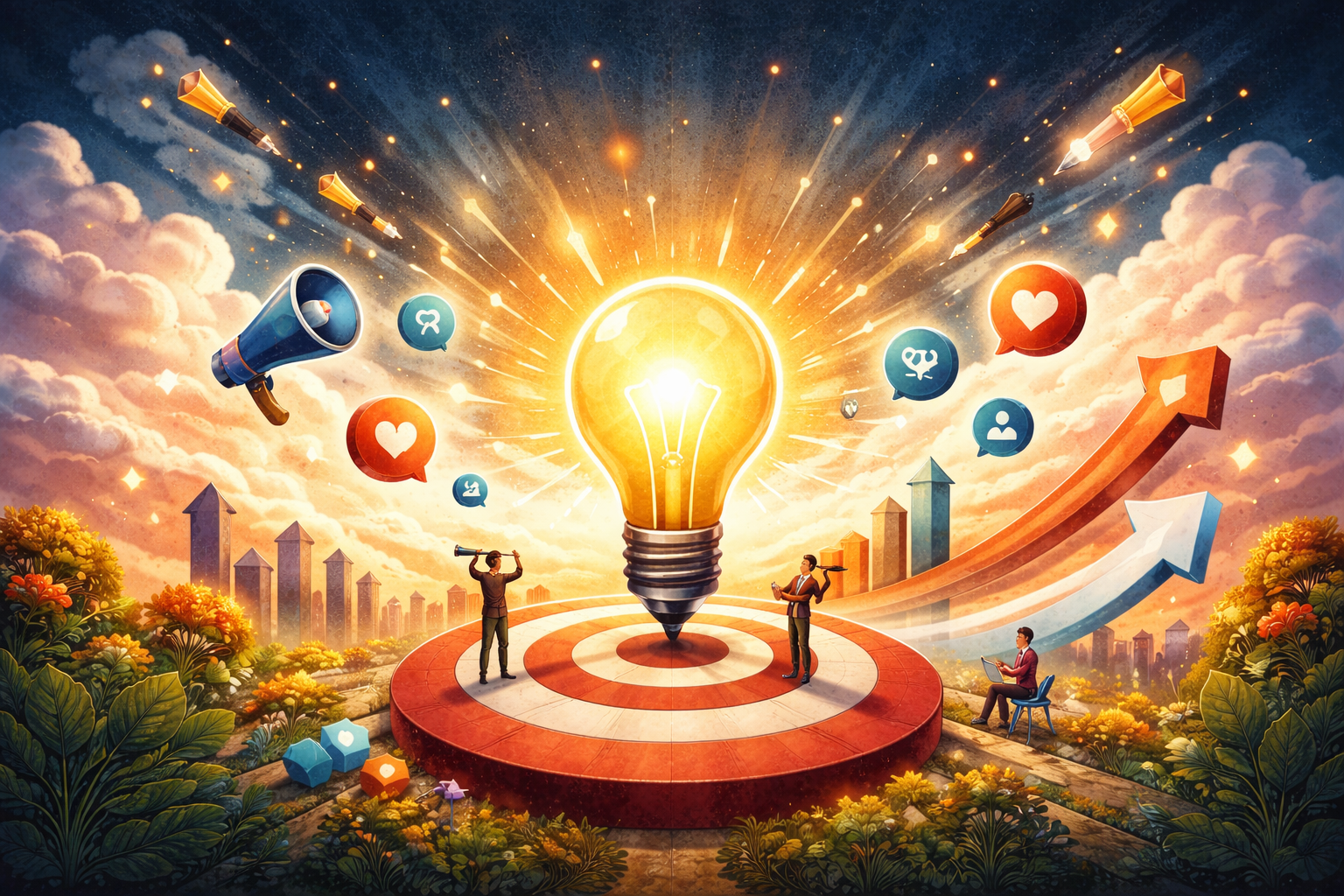 Light bulb symbolizing innovative ideas at the center of a target, with figures representing marketing strategies, social media icons, and upward growth trends, illustrating concepts of brand visibility and digital marketing success.